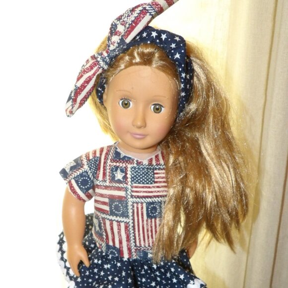 Red White Blue Doll Dress and Head Band for 18 inch Dolls Hand Crafted - Picture 12 of 16